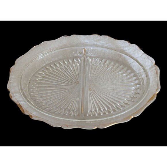 Vintage Oval Gold Rim Cut Glass Tray Candy Dish Divided Starburst Clear Comb Shp - Picture 1 of 5